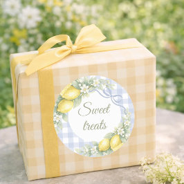Pegatina Redonda Lemons blue gingham sweet treats party favor