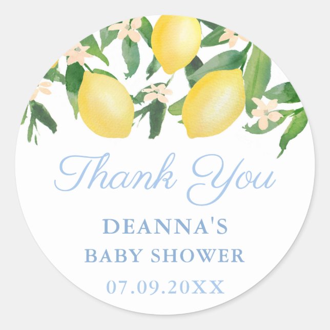 Pegatina Redonda Lemons Citrus Pale Blue Boy Baby Shower Gracias (Anverso)
