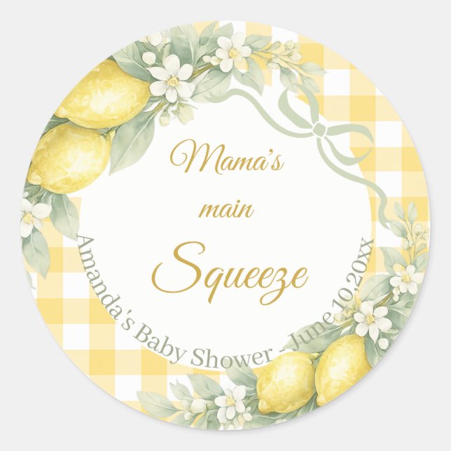 Pegatina Redonda Lemons gingham mama's main squeeze Baby Shower (Anverso)