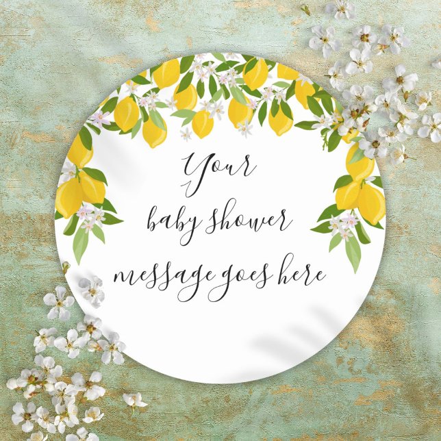 Pegatina Redonda Lemons Greenery Floral Baby Shower Favor (Lemons Greenery Floral Baby Shower Favor Classic Round Sticker)