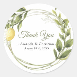 Pegatina Redonda Lemons Greenery Wreath Boda Gracias