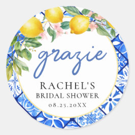 Pegatina Redonda Lemons Italiano Blue Tiles Bridal Shower Grazie
