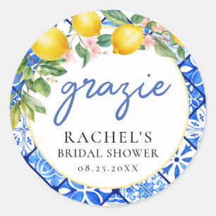 Pegatina Redonda Lemons Italiano Blue Tiles Bridal Shower Grazie
