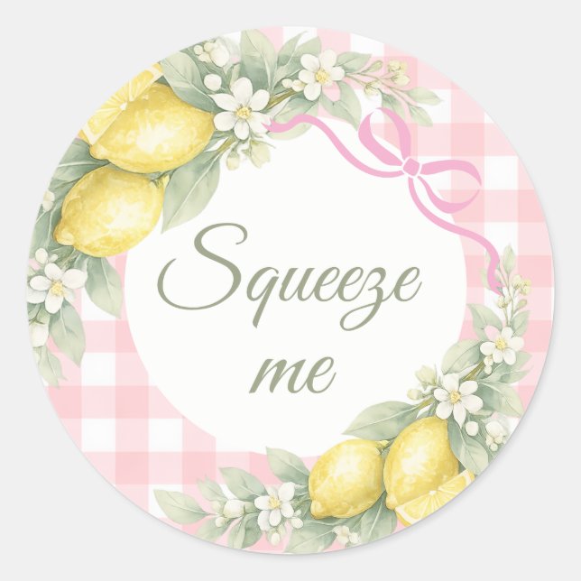 Pegatina Redonda Lemons pink gingham squeeze me party favor (Anverso)