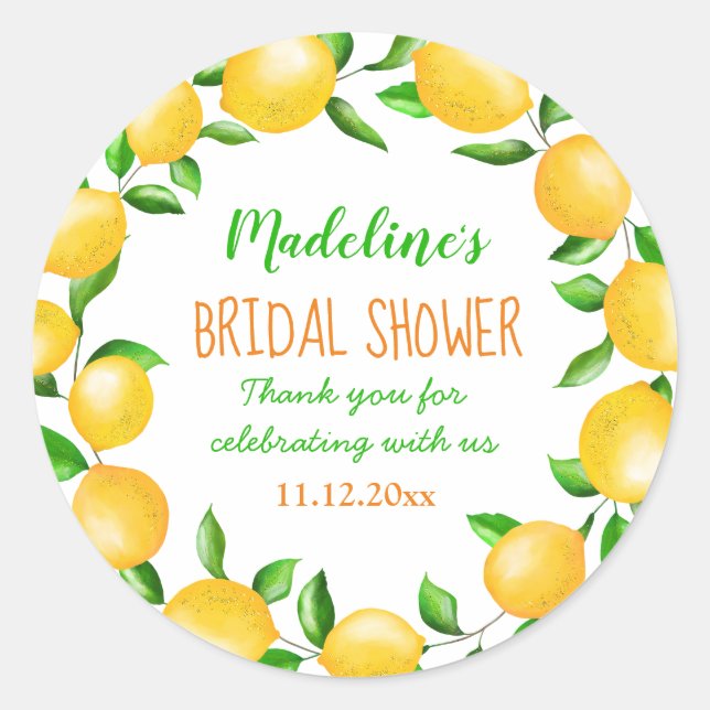 Pegatina Redonda Lemons Watercolor Wreath Bridal Shower (Anverso)