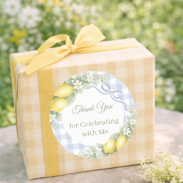Pegatina Redonda Lemons yellow blue gingham boy Thank You party