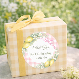 Pegatina Redonda Lemons yellow pink gingham girl Thank You party
