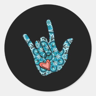 Pegatina Redonda Lenguaje de Rótulo que te amo Gesture Heart Deaf A