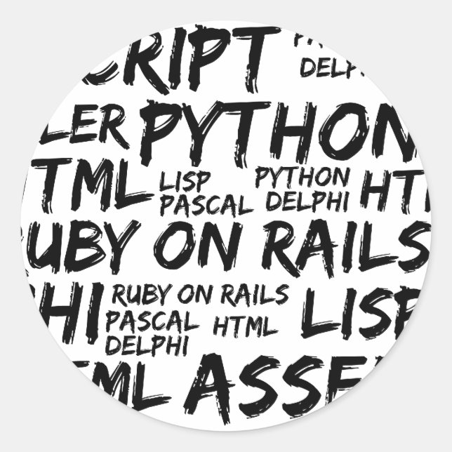 Pegatina Redonda Lenguajes de programación, lenguajes informáticos, (Anverso)