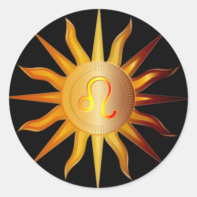 Pegatina Redonda Leo Sun Fire Rótulo Nacimiento Mes Rojo y Oro (Anverso)