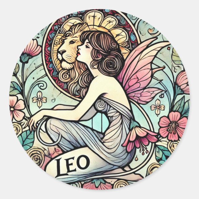 Pegatina Redonda Leo Zodiac Fairy Astrología Rótulo Fe (Anverso)