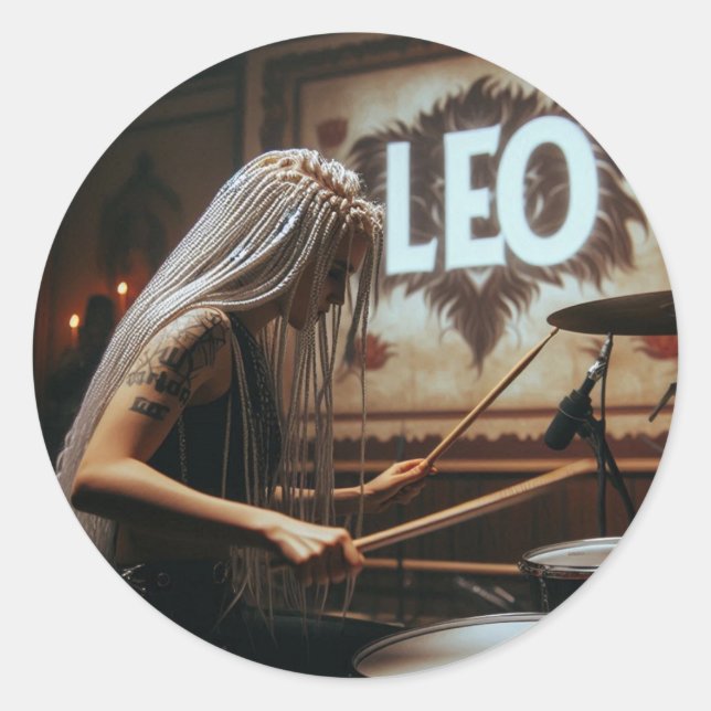Pegatina Redonda Leo Zodiac Musician Drums (Anverso)