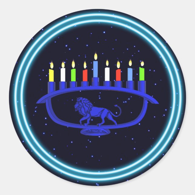 Pegatina Redonda León azul Menorah (Anverso)