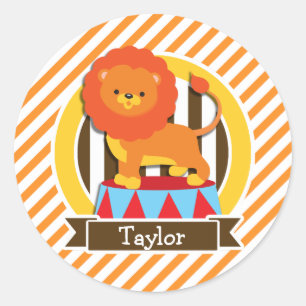 Pegatina Redonda León circo; franjas Naranja y blanca