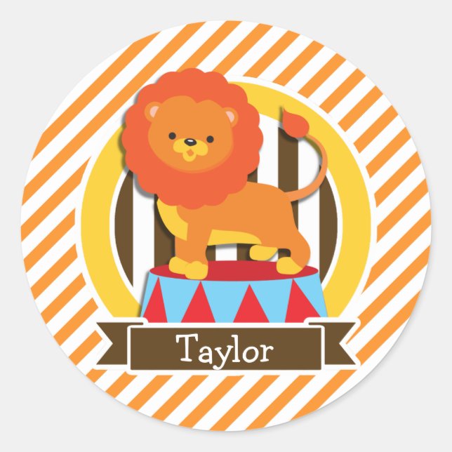 Pegatina Redonda León circo; franjas Naranja y blanca (Anverso)