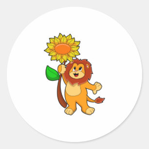 Pegatina Redonda León con flor girasol