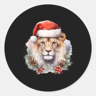 Pegatina Redonda León con Navidades Gorra Sudáfrica Safari Animal