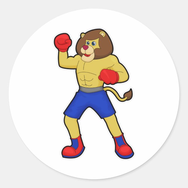 Pegatina Redonda León en boxeo con guantes de boxeo (Anverso)