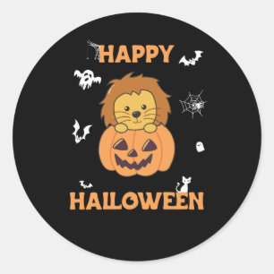 Pegatina Redonda León En Calabaza Dulces Leones Feliz Halloween