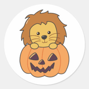 Pegatina Redonda León en la Calabaza Naranja Koalas León Halloween