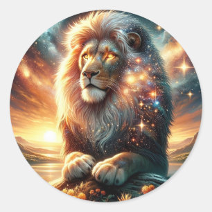 Pegatina Redonda León Fuerza Astrología Galaxia Espacio Cósmico Leo