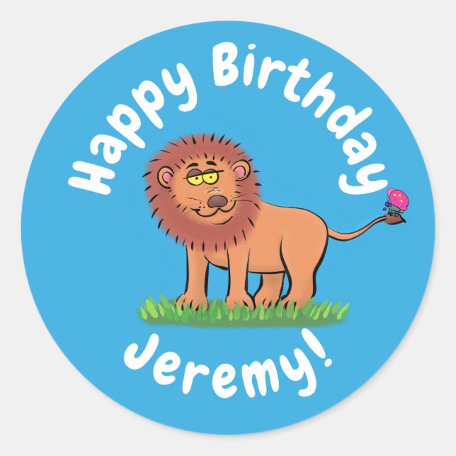 Pegatina Redonda León gracioso lindo con personalizado mariposa (Anverso)