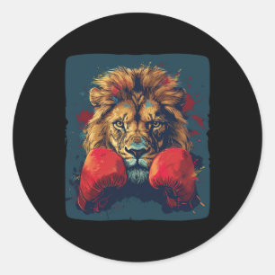Pegatina Redonda León Guay con traje de guantes de boxeo