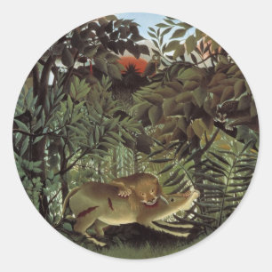 Pegatina Redonda León hambriento de Henri Rousseau, animal salvaje 