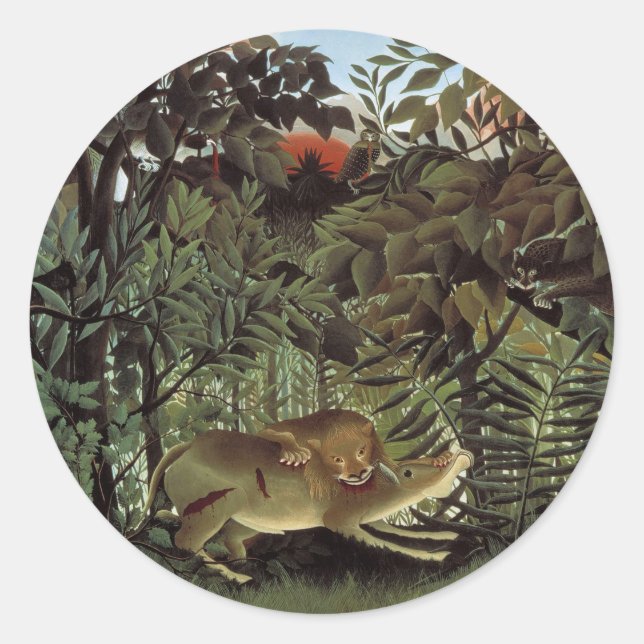 Pegatina Redonda León hambriento de Henri Rousseau, animal salvaje  (Anverso)