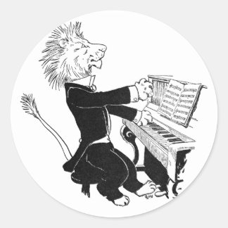 Pegatina Redonda León Jugando Piano Antique Louis Wain Dibujo