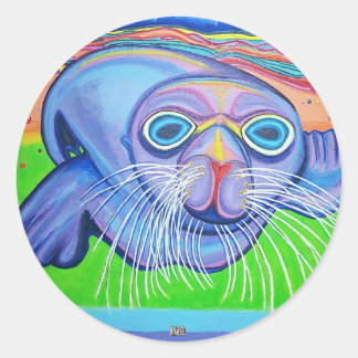 Pegatina Redonda León marino psicodélico - Pintura acrílica