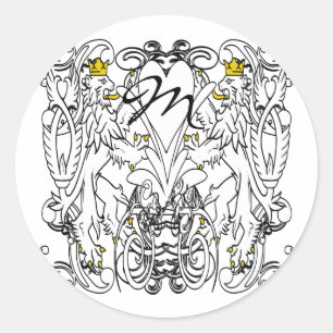 Pegatina Redonda León Vintage Rampant Blanco Con Coronas De Oro, To