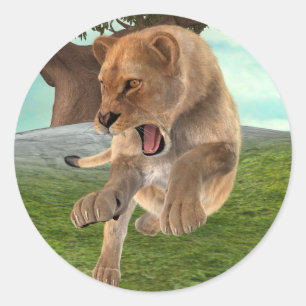 Pegatina Redonda Leona de la caza