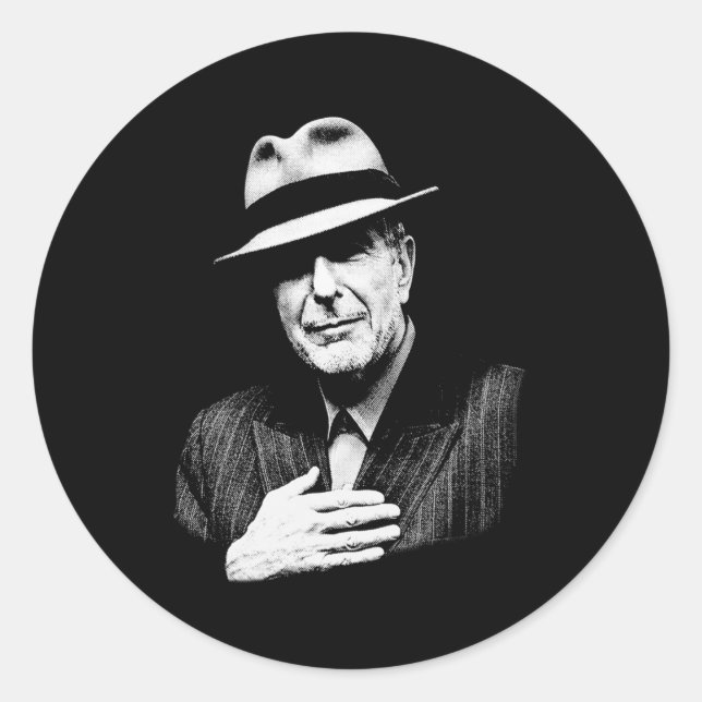 Pegatina Redonda Leonard Cohen - Leyenda musical en blanco y negro (Anverso)