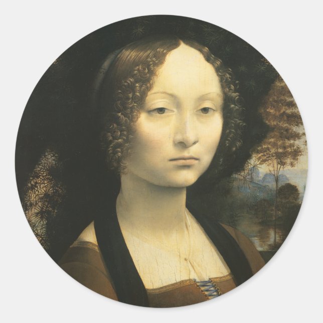 Pegatina Redonda Leonardo da Vinci's Portrait of Ginevra Benci (Anverso)