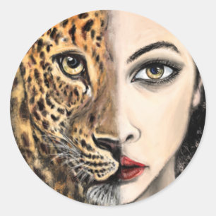 Pegatina Redonda Leopard Chica Face Fantasy Pintura de animales sal
