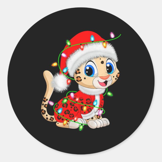 Pegatina Redonda Leopard Christmas Lights Santa Costume Cute Animal (Anverso)