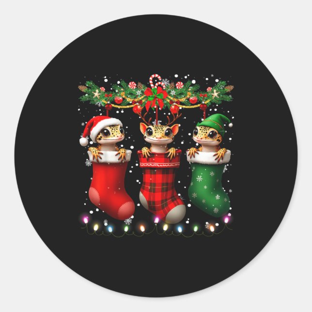 Pegatina Redonda Leopard Gecko In Christmas Socks Lights Leopard Ge (Anverso)