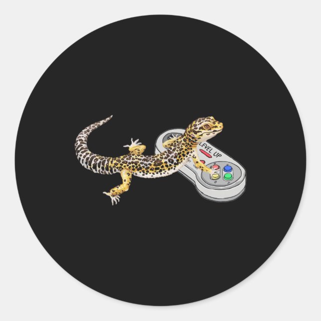Pegatina Redonda Leopard Gecko Playing Video Game Lizard And Reptil (Anverso)