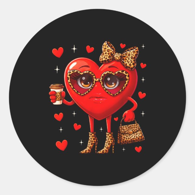 Pegatina Redonda Leopard Heart Drinking Coffee Valentines Day Women (Anverso)