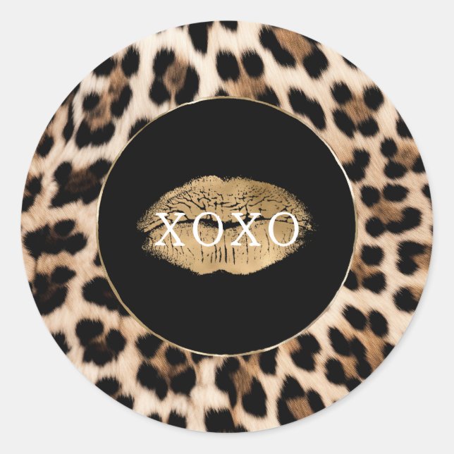 Pegatina Redonda Leopard Print Gold Lips XOXO (Anverso)