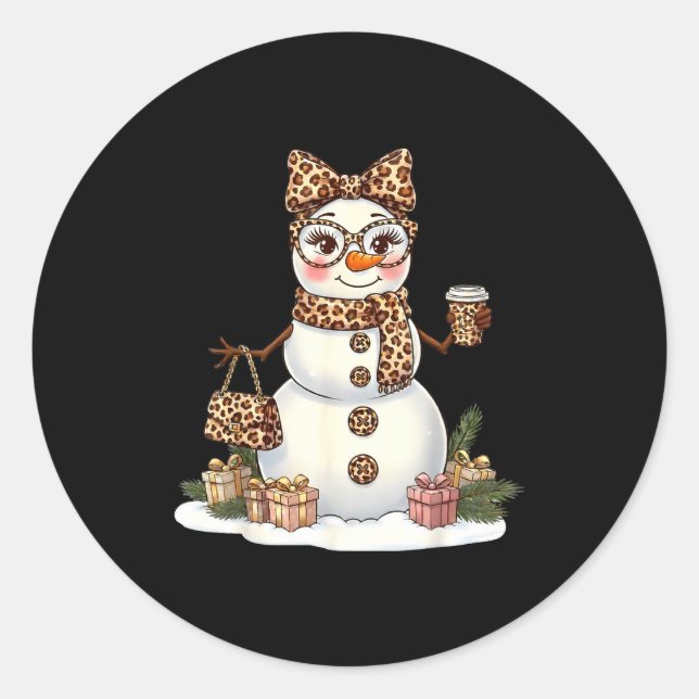 Pegatina Redonda Leopard Snowman With Sungles Funny Christmas Women (Anverso)