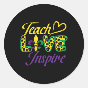 Pegatina Redonda Leopard Teach Love Inspire Maestra de Mardi Gras