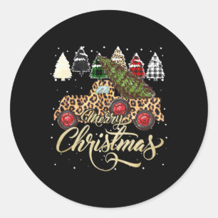 Pegatina Redonda Leopard Truck Plaid Leopard Christmas Tree Merry C