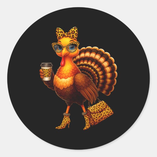 Pegatina Redonda Leopard Turkey Drinking Coffee Thanksgiving Women  (Anverso)