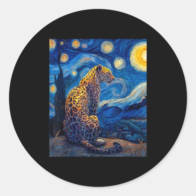 Pegatina Redonda Leopard - Van Gogh Style Starry Night Funny Graphi (Anverso)