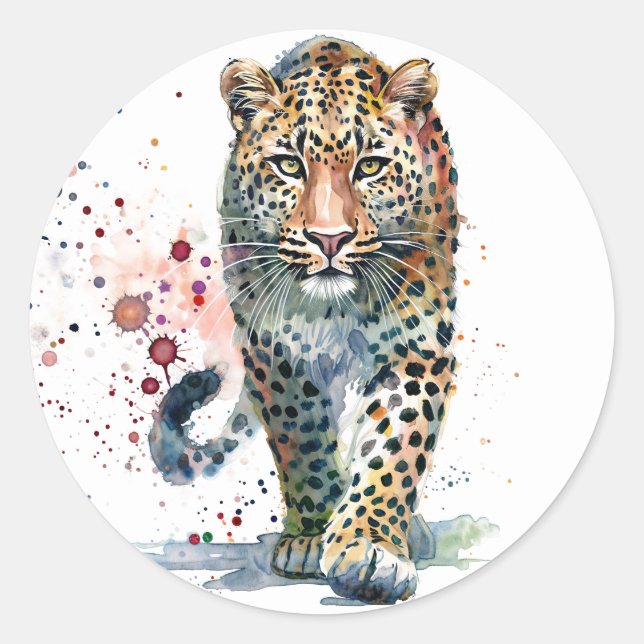 Pegatina Redonda Leopard Walking Watercolor (Anverso)