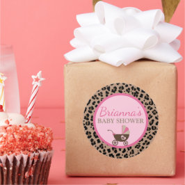 Pegatina Redonda Leopard y Baby Shower rosa