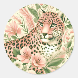Pegatina Redonda Leopardo de la selva floral vintage