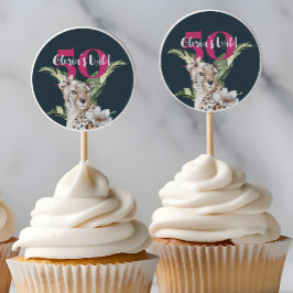 Pegatina Redonda Leopardo de la selva salvaje Rosa 50 cumpleaños